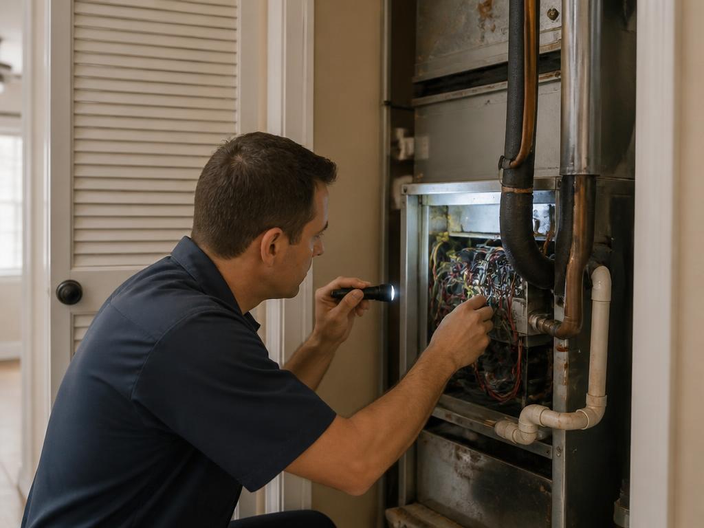 Beacon technician performing a routine HVAC inspection