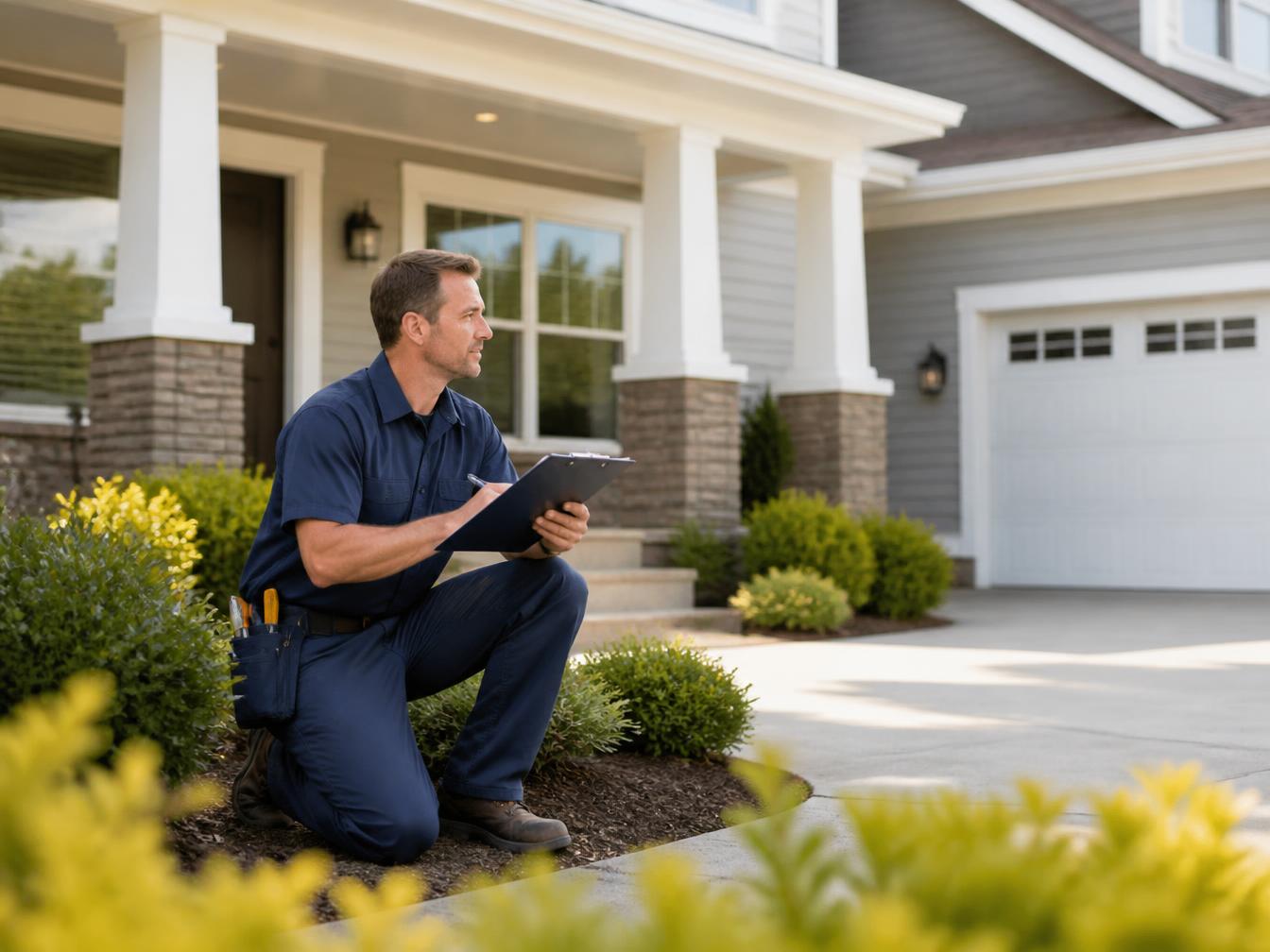A well-maintained modern home with a friendly technician performing seasonal upkeep